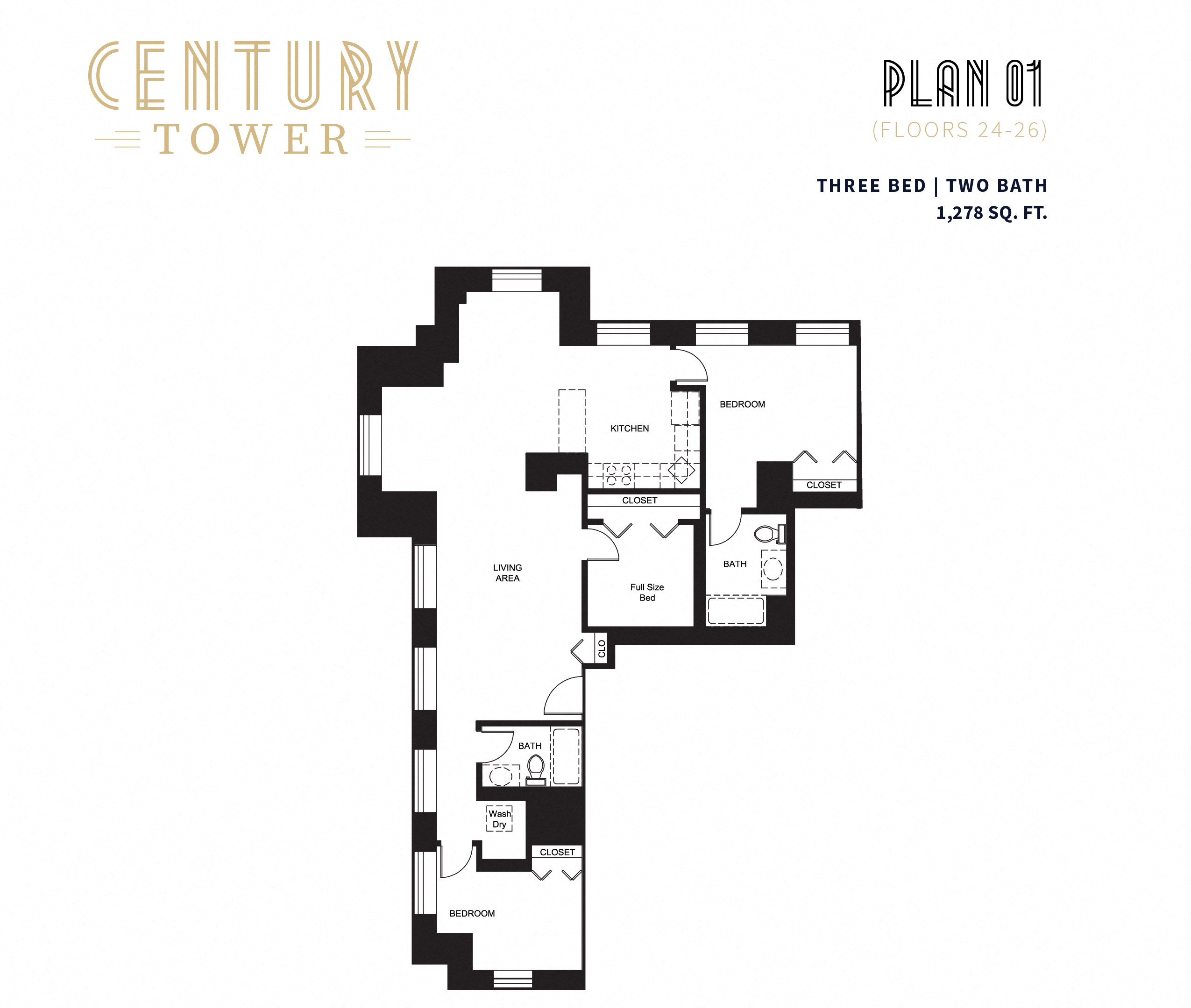 Floor plan for 3 beds, 2 baths, 1278 sqft